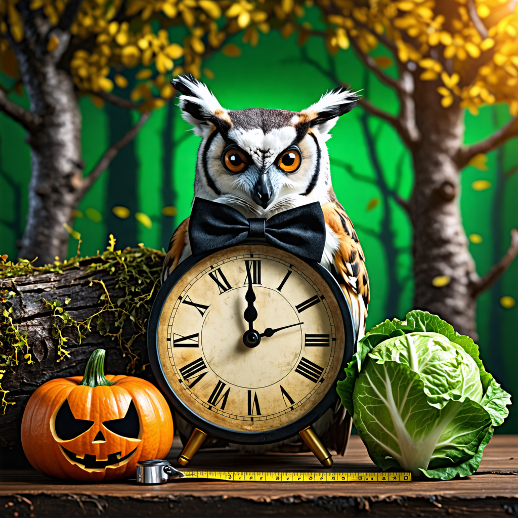 log, bowtie, halloween, clock, owl, tree, cabbage, lemur, tape measure, green